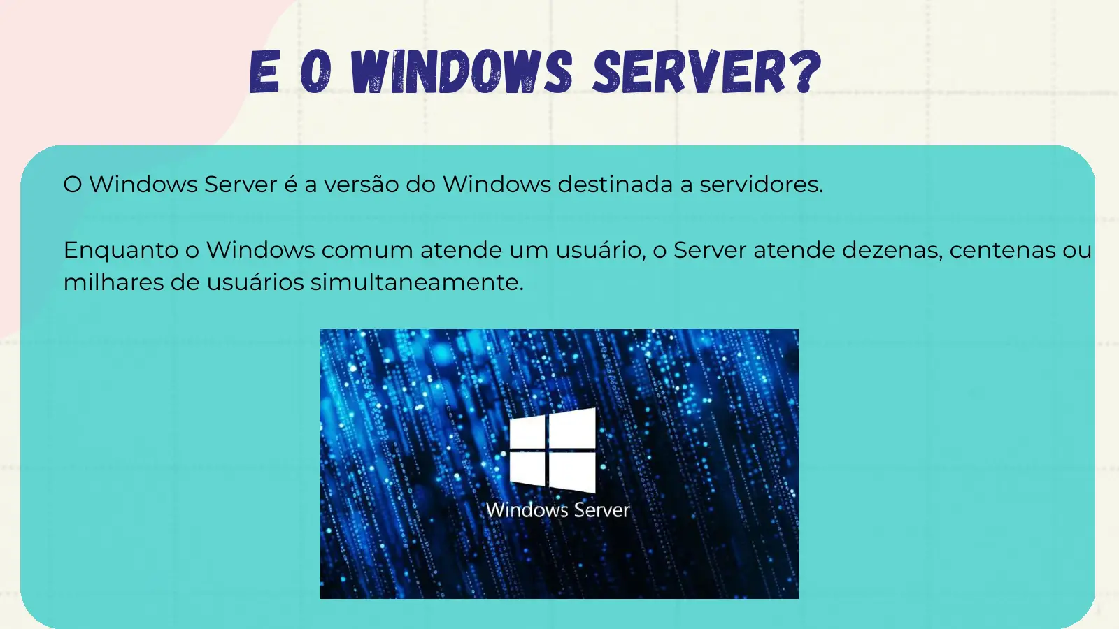 E o Windows Server? O Windows Server é a versão do Windows destinada a servidores. Enquanto o Windows comum atende um usuário, o Server atende dezenas, centenas ou milhares de usuários simultaneamente.