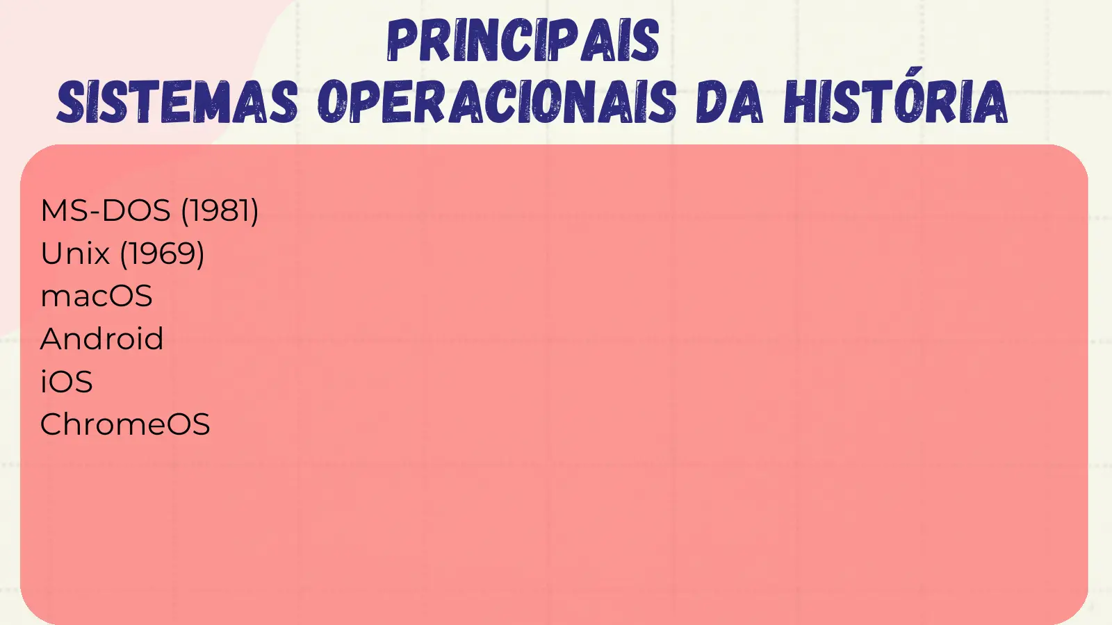 Principais Sistemas Operacionais da História MS-DOS (1981) Unix (1969) macOS Android iOS ChromeOS
