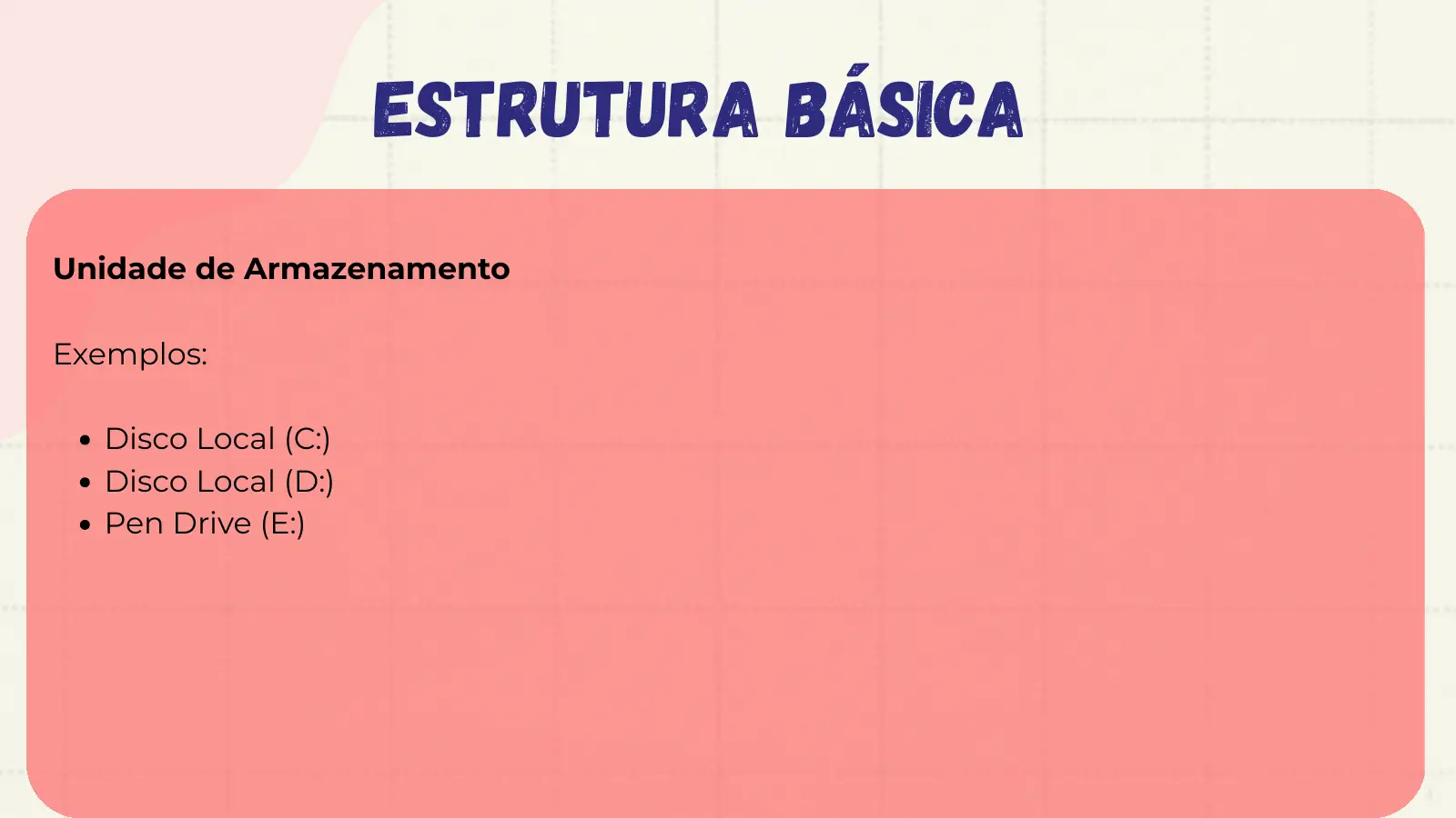 Estrutura Básica Unidade de Armazenamento Exemplos: Disco Local (C:) Disco Local (D:) Pen Drive (E:)