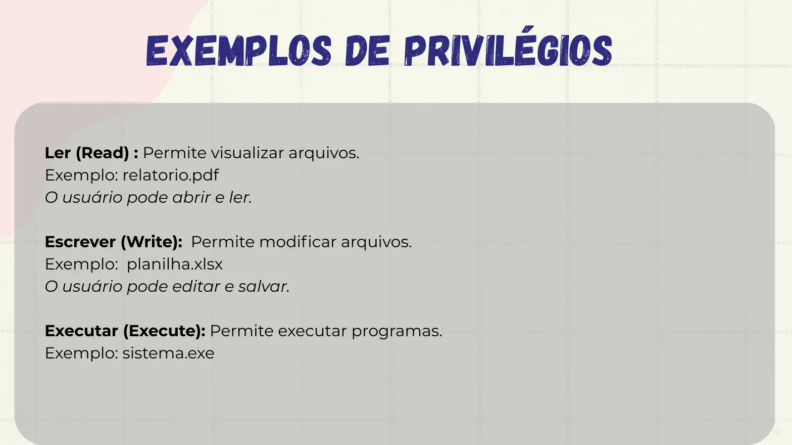 Exemplos de Privilégios Ler (Read) : Permite visualizar arquivos. Exemplo: relatorio.pdf O usuário pode abrir e ler. Escrever (Write): Permite modificar arquivos. Exemplo: planilha.xlsx O usuário pode editar e salvar. Executar (Execute): Permite executar programas. Exemplo: sistema.exe
