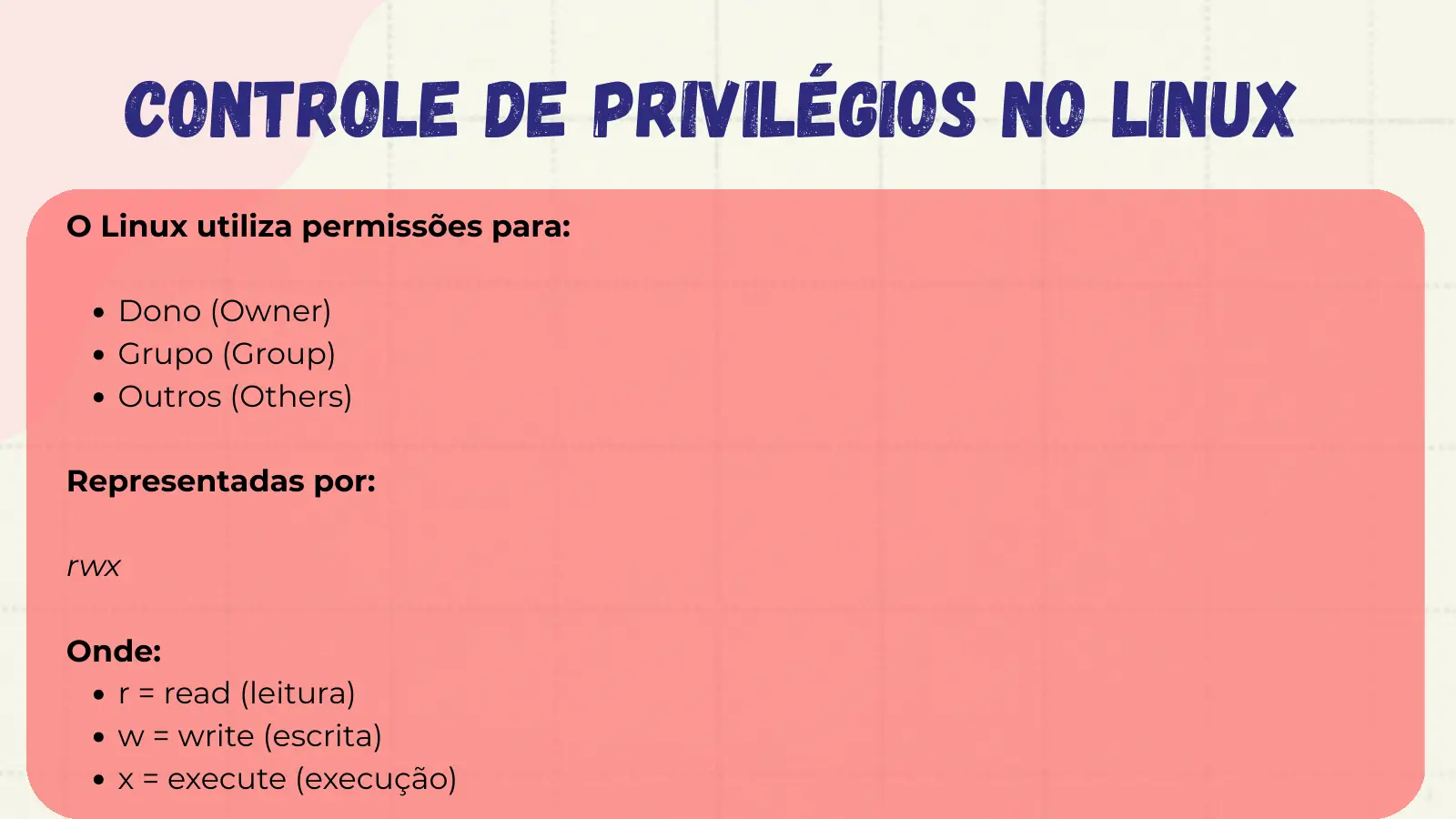 Controle de Privilégios no Linux O Linux utiliza permissões para: Dono (Owner) Grupo (Group) Outros (Others) Representadas por: rwx Onde: r = read (leitura) w = write (escrita) x = execute (execução)