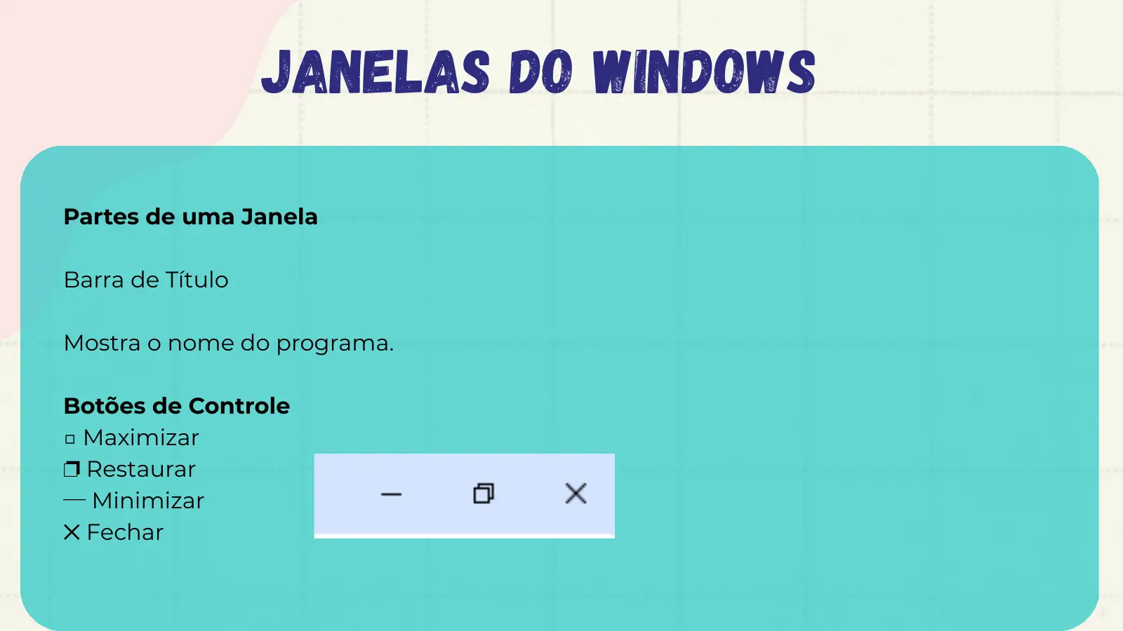 Janelas do Windows Partes de uma Janela Barra de Título Mostra o nome do programa. Botões de Controle □ Maximizar ❐ Restaurar ─ Minimizar ✕ Fechar