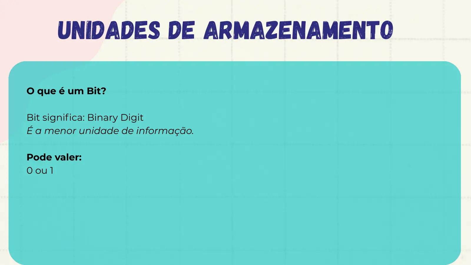 Unidades de Armazenamento O que é um Bit? Bit significa: Binary Digit É a menor unidade de informação. Pode valer: 0 ou 1
