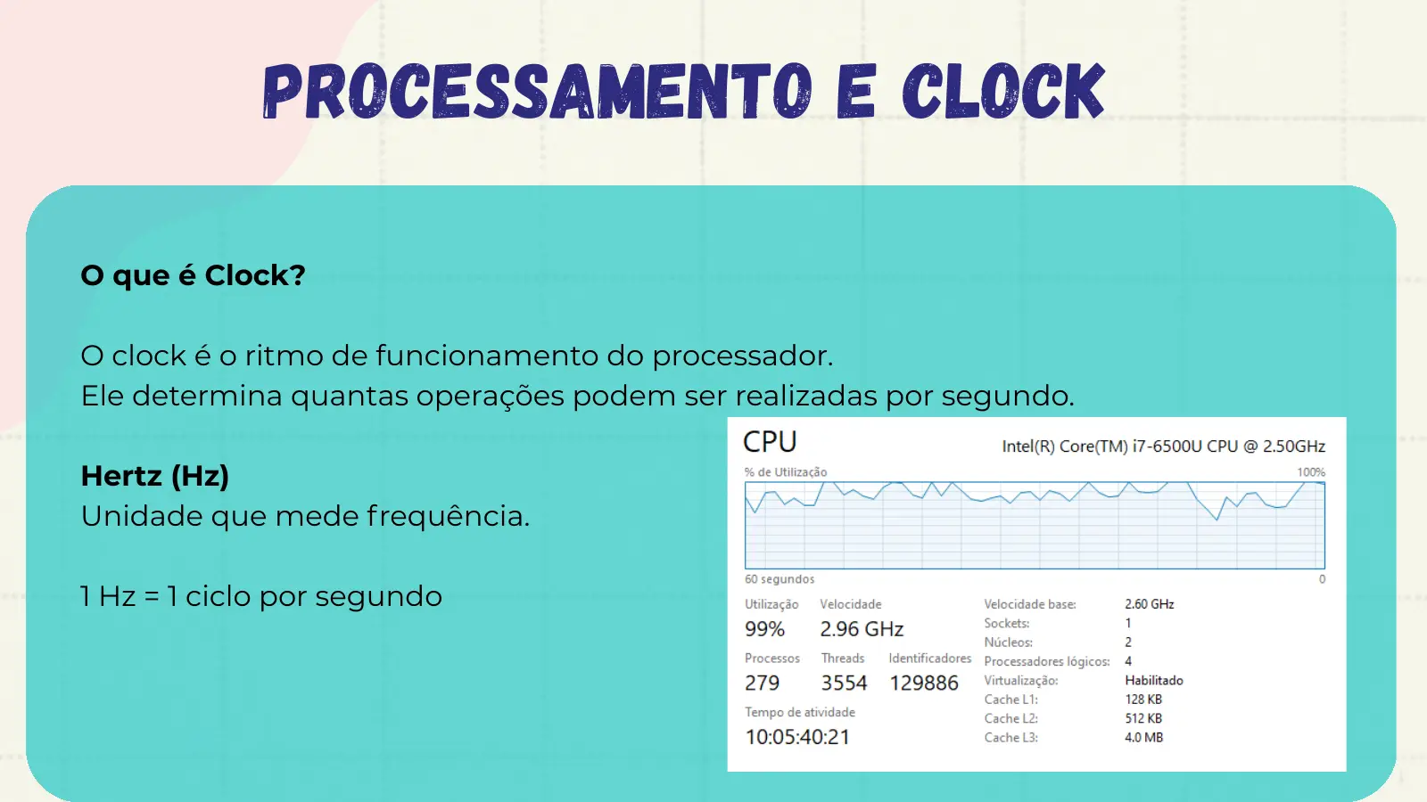 Processamento e Clock O que é Clock? O clock é o ritmo de funcionamento do processador. Ele determina quantas operações podem ser realizadas por segundo. Hertz (Hz) Unidade que mede frequência. 1 Hz = 1 ciclo por segundo