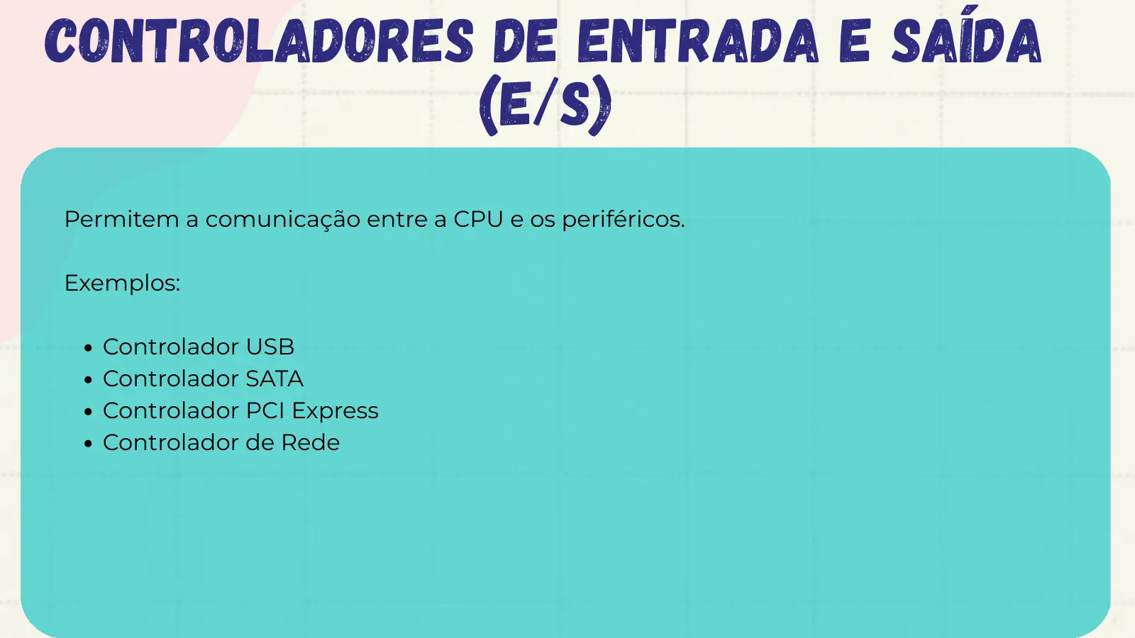 Controladores de Entrada e Saída (E/S) Permitem a comunicação entre a CPU e os periféricos. Exemplos: Controlador USB Controlador SATA Controlador PCI Express Controlador de Rede
