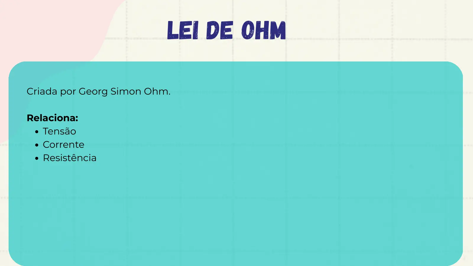 Lei de Ohm Criada por Georg Simon Ohm. Relaciona: Tensão Corrente Resistência