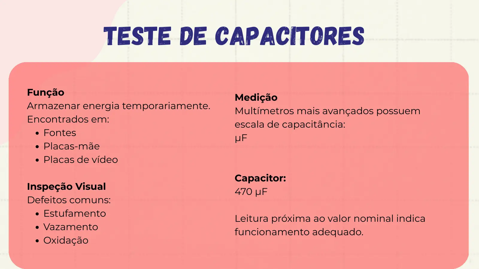 Teste de Capacitores Função Medição Armazenar energia temporariamente. Multímetros mais avançados possuem Encontrados em: escala de capacitância: Fontes μF Placas-mãe Placas de vídeo Capacitor: Inspeção Visual 470 μF Defeitos comuns: Estufamento Leitura próxima ao valor nominal indica Vazamento funcionamento adequado. Oxidação