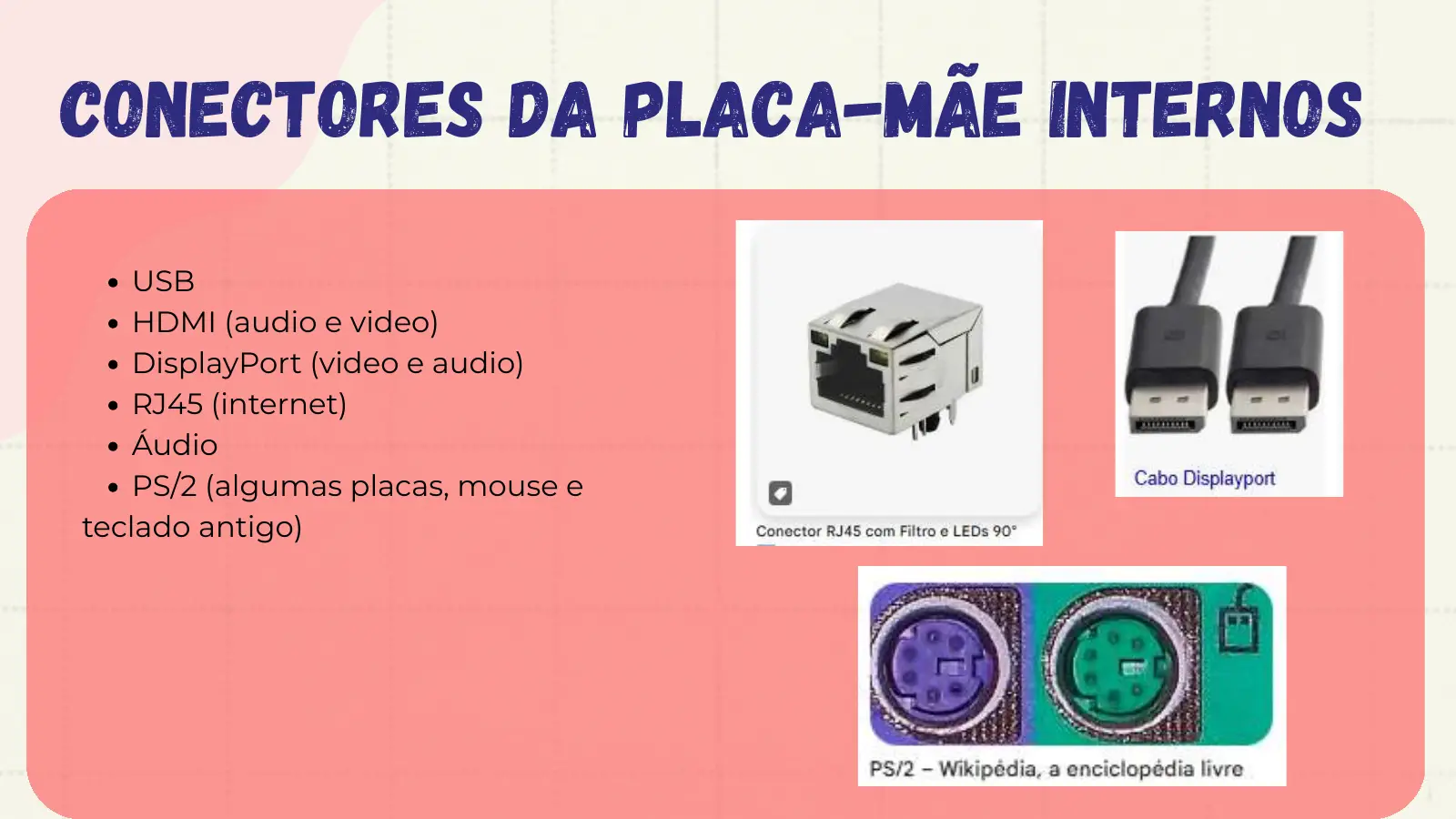 Conectores da placa-mãe Internos USB HDMI (audio e video) DisplayPort (video e audio) RJ45 (internet) Áudio PS/2 (algumas placas, mouse e teclado antigo)