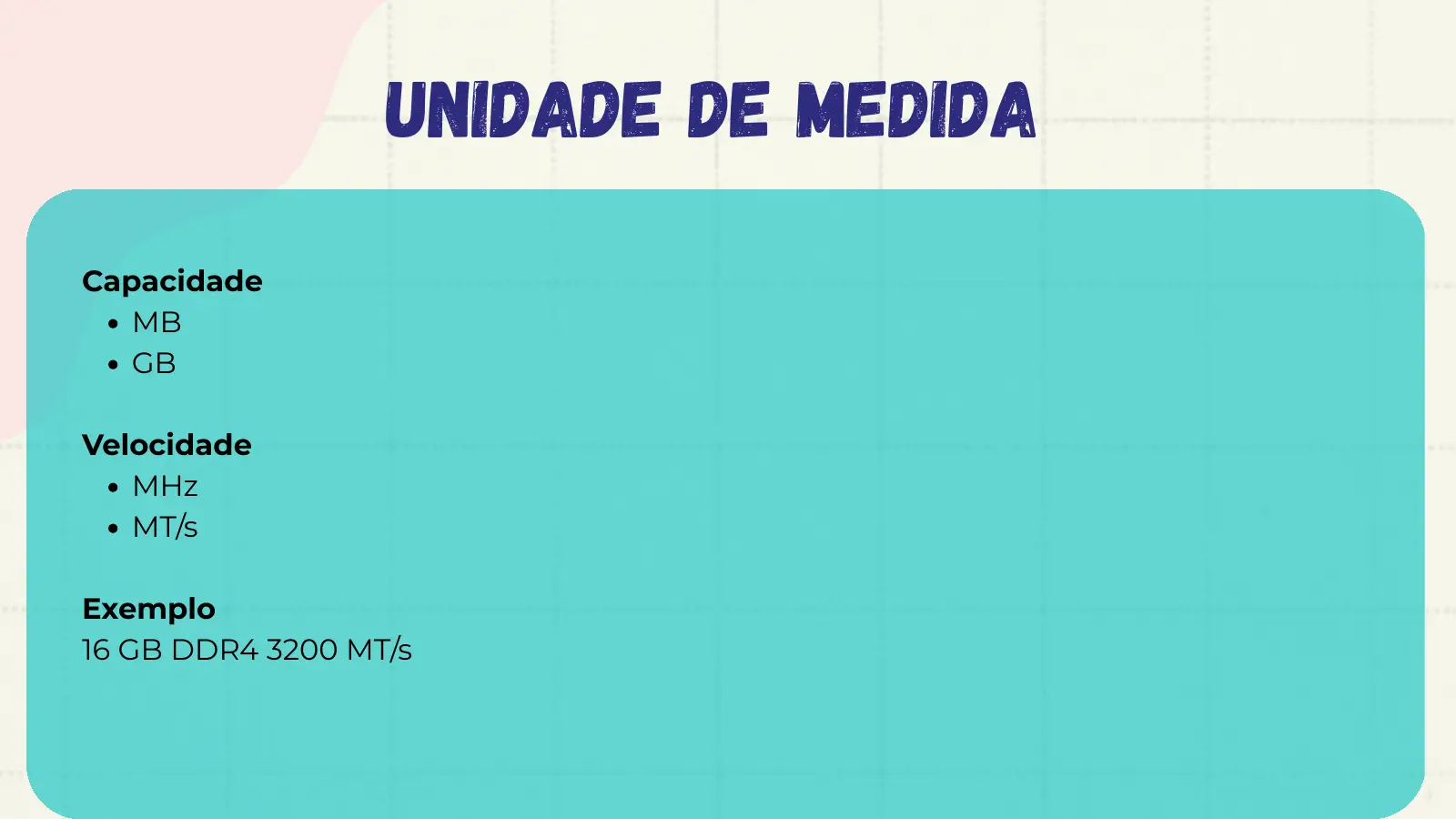 Unidade de medida Capacidade MB GB Velocidade MHz MT/s Exemplo 16 GB DDR4 3200 MT/s