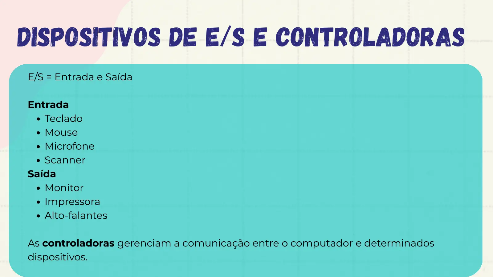 Dispositivos de E/S e Controladoras E/S = Entrada e Saída Entrada Teclado Mouse Microfone Scanner Saída Monitor Impressora Alto-falantes As controladoras gerenciam a comunicação entre o computador e determinados dispositivos.