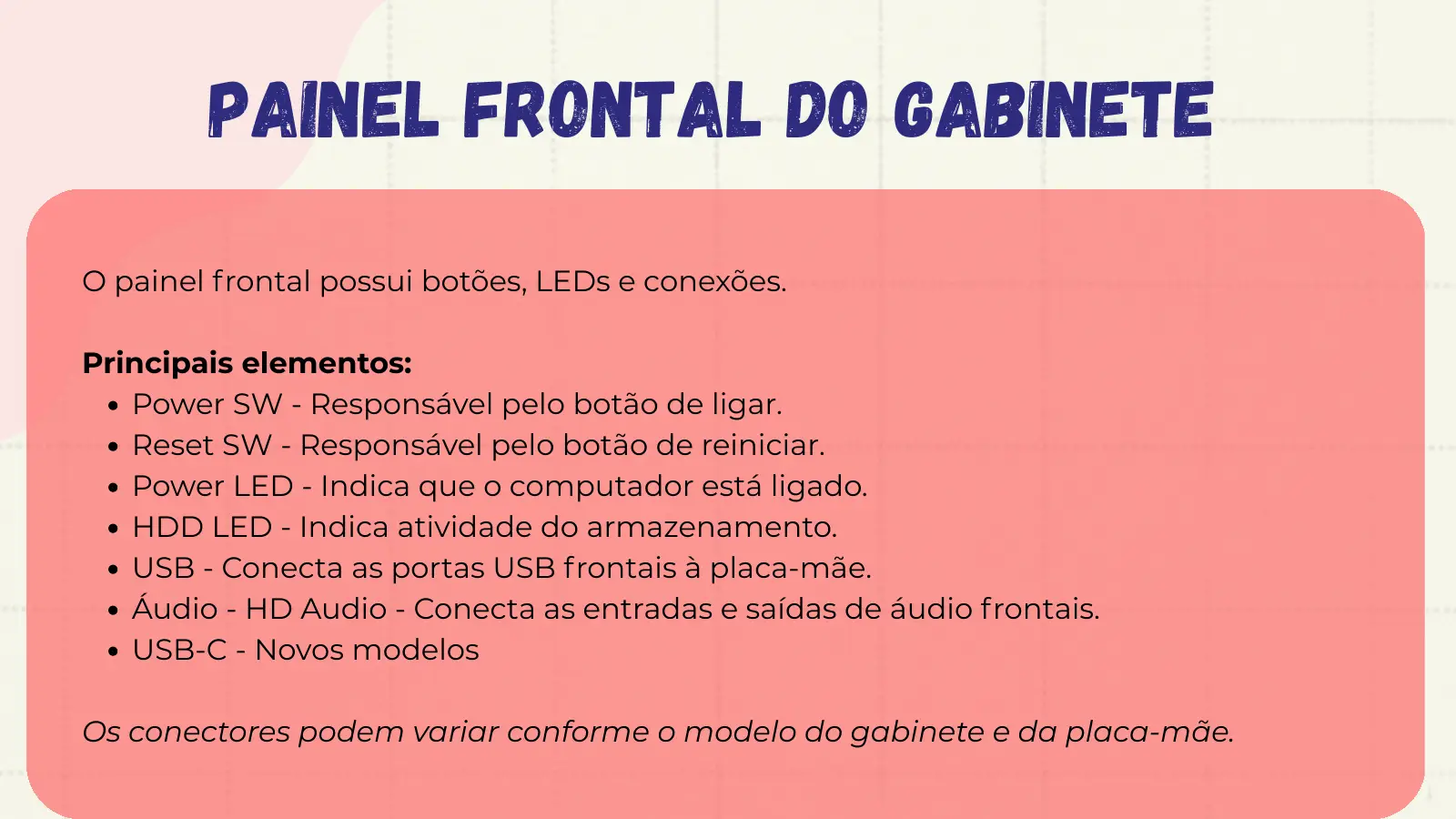 Painel Frontal do Gabinete O painel frontal possui botões, LEDs e conexões. Principais elementos: Power SW - Responsável pelo botão de ligar. Reset SW - Responsável pelo botão de reiniciar. Power LED - Indica que o computador está ligado. HDD LED - Indica atividade do armazenamento. USB - Conecta as portas USB frontais à placa-mãe. Áudio - HD Audio - Conecta as entradas e saídas de áudio frontais. USB-C - Novos modelos Os conectores podem variar conforme o modelo do gabinete e da placa-mãe.