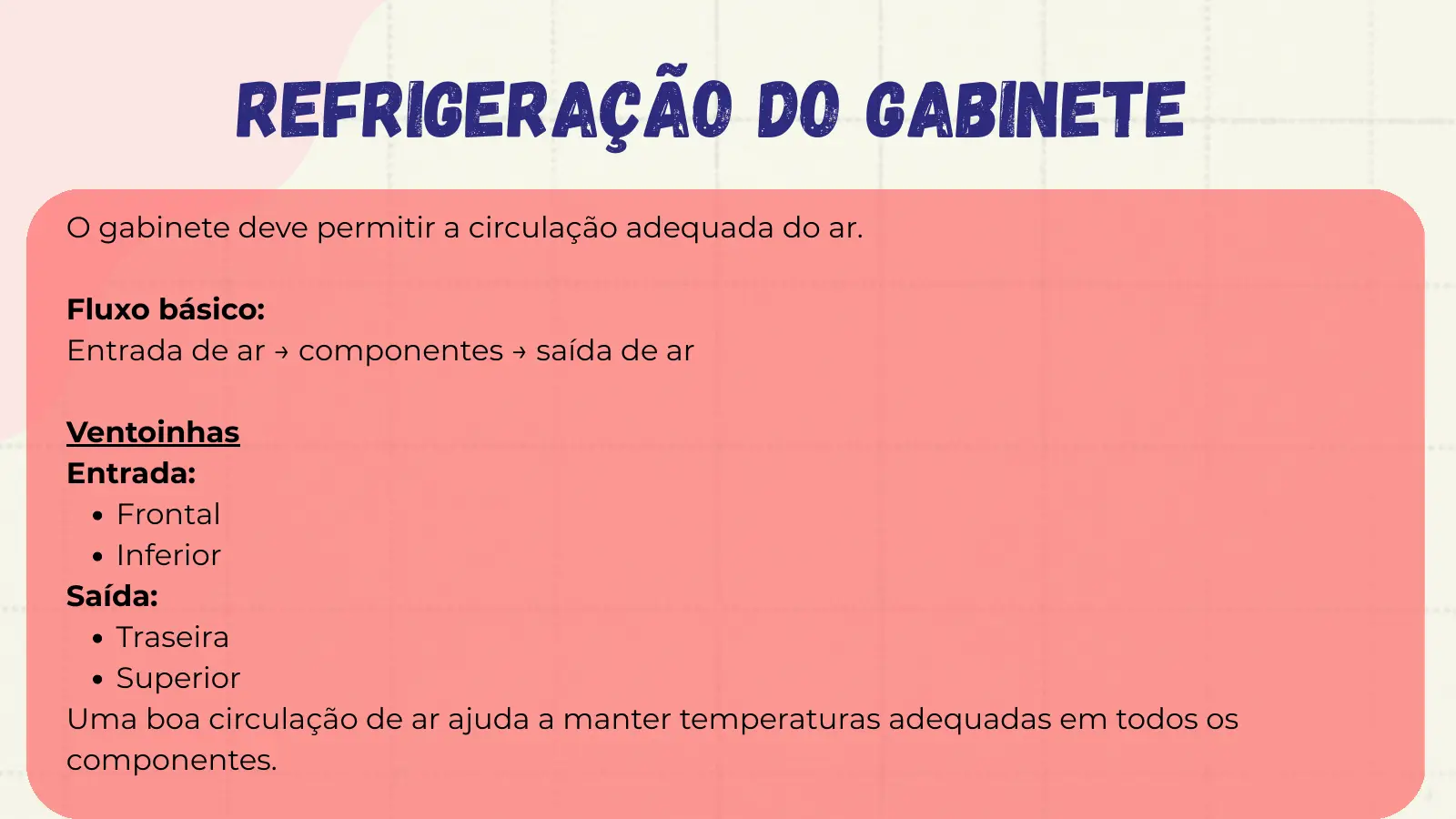 Refrigeração do Gabinete O gabinete deve permitir a circulação adequada do ar. Fluxo básico: Entrada de ar → componentes → saída de ar Ventoinhas Entrada: Frontal Inferior Saída: Traseira Superior Uma boa circulação de ar ajuda a manter temperaturas adequadas em todos os componentes.